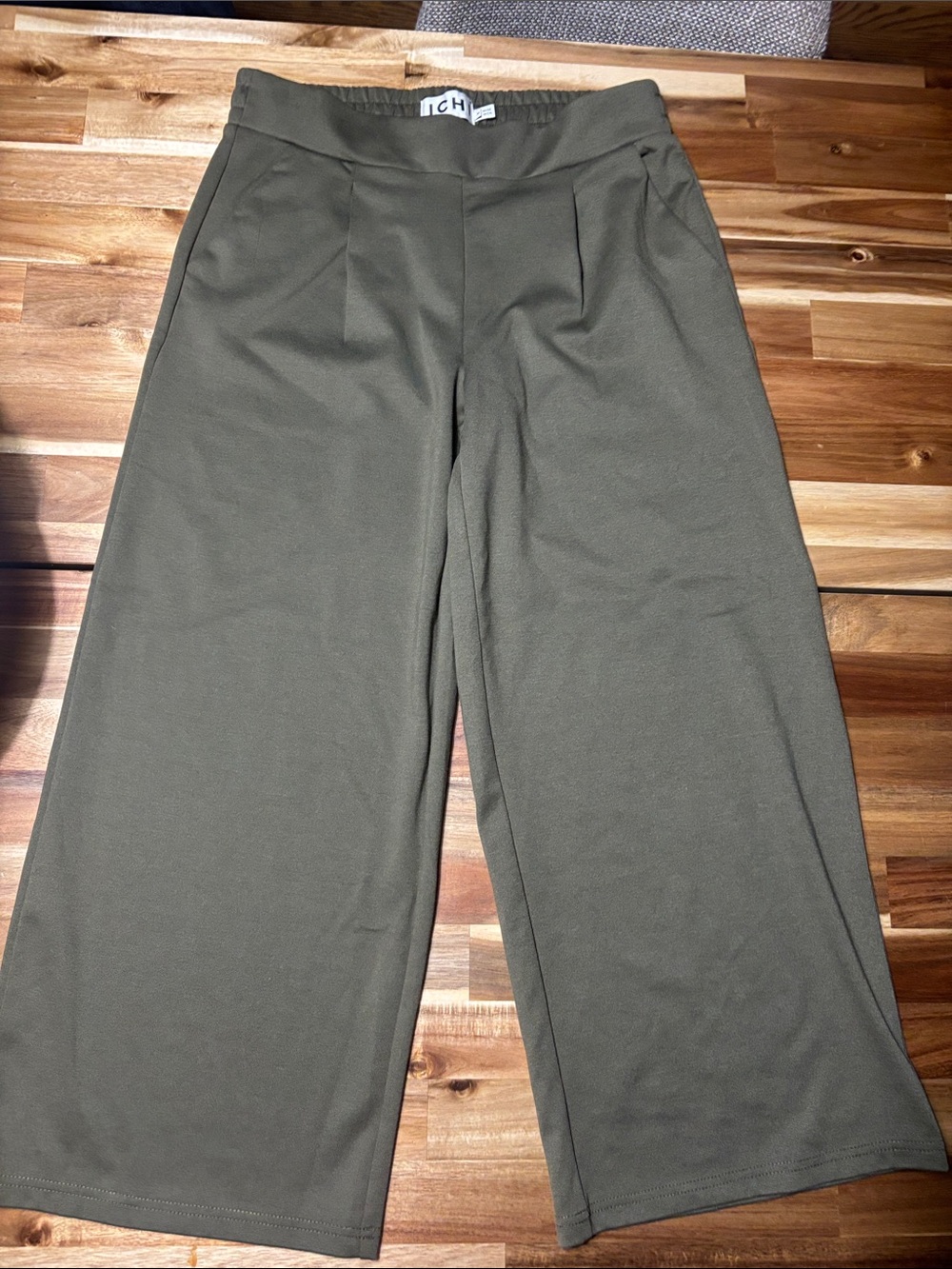 ICHI Olive Wide-Leg Ponte Trousers